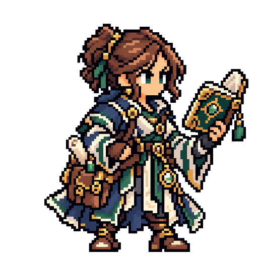 Pixel-art fantasy character representing Solus: The Curator.